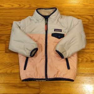 Patagonia Girls Sherpa Lined Puffer Jacket Size 3T Tan & Coral Pink - NO HOODIE